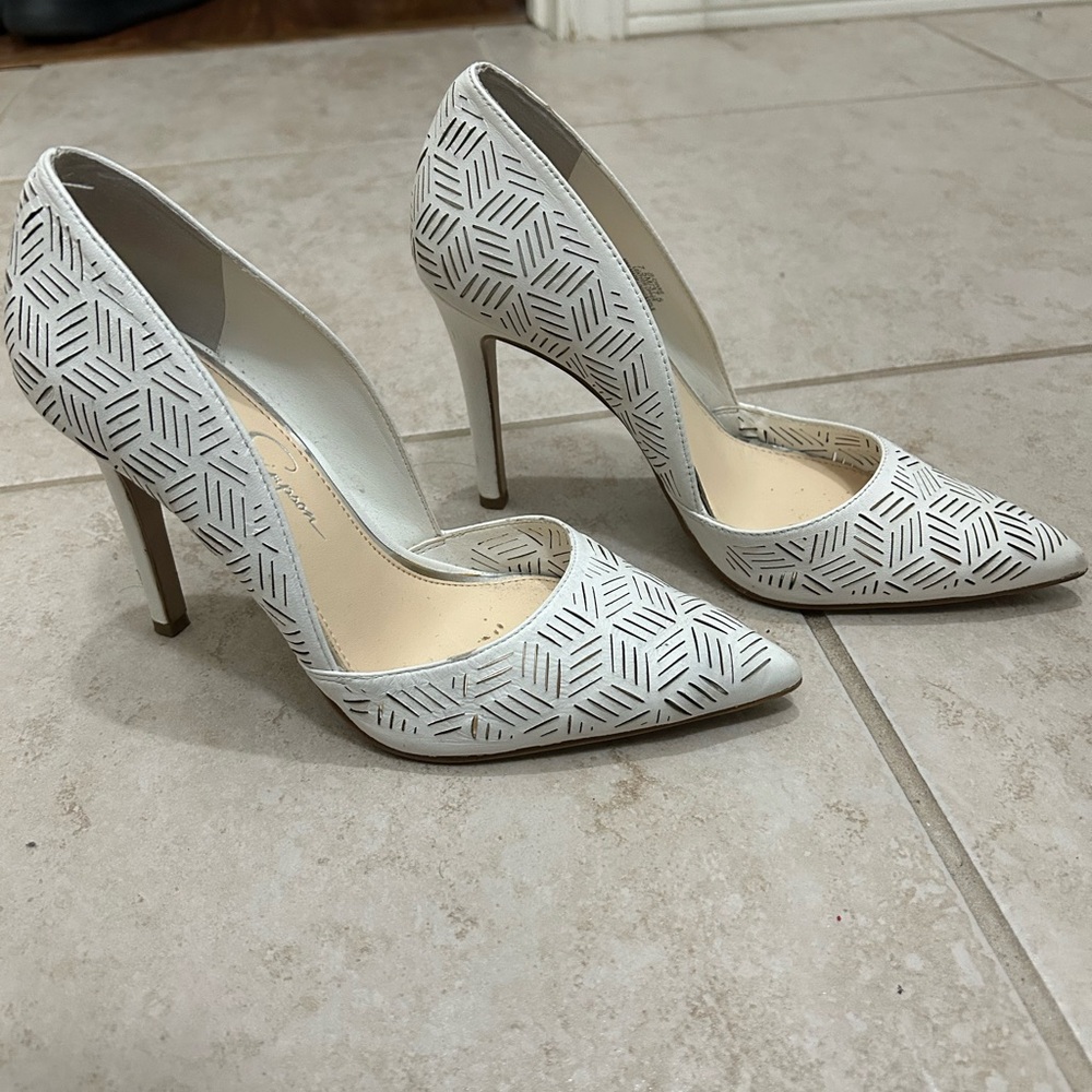 Elegant White Geometric Patterned Heels